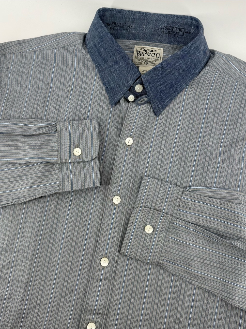 RRL Double RL Striped Dobby Shirt Chambray Collar Men's Long Sleeve M/15.5 Gray
